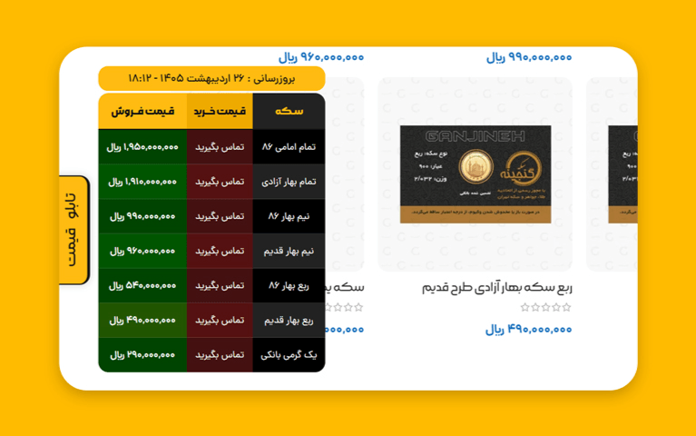 طراحی و توسعه ویجت المنتوری تابلو قیمت سکه گنجینه