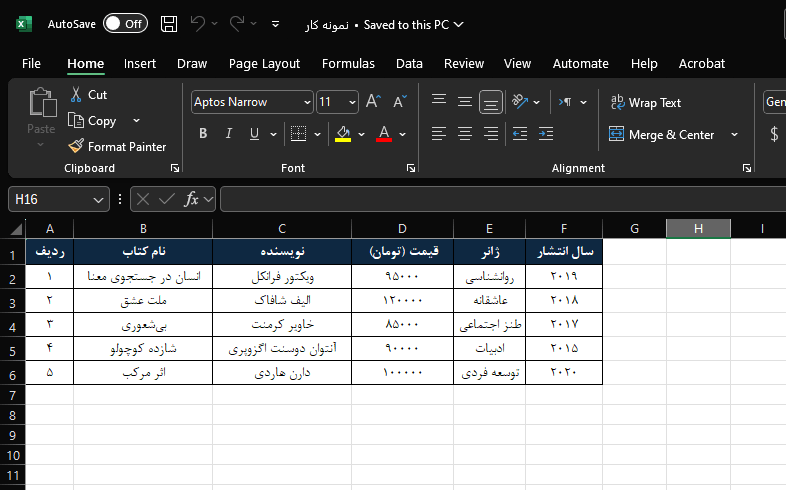 نمونه جدول در اکسل