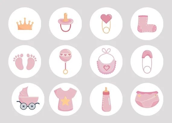 کاورهای هایلایت مختلف با نمادهایی مربوط به نوزاد مثل شیشه شیر، کالسکه، پستانک، جغجغه و غیره 