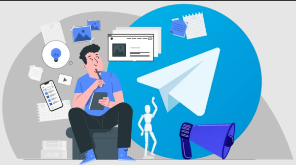 تصویری انیمیشنی از فردی که نشسته و در حال فکر کردن است و یک مداد و دفترچه در دست دارد. نماد تلگرام، بلندگو، لامپ، گوشی تلفن همراه و غیره در اطراف فرد قرار دارد. 