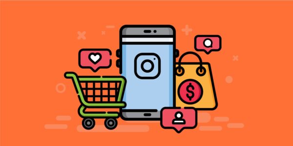 تصویری انیمیشنی از یک گوشی تلفن همراه بزرگ که روی آن نماد اینستاگرام و اطراف آن یک سبد خرید، کیسه خرید و نماد لایک، کامنت و فالو قرار دارد. 