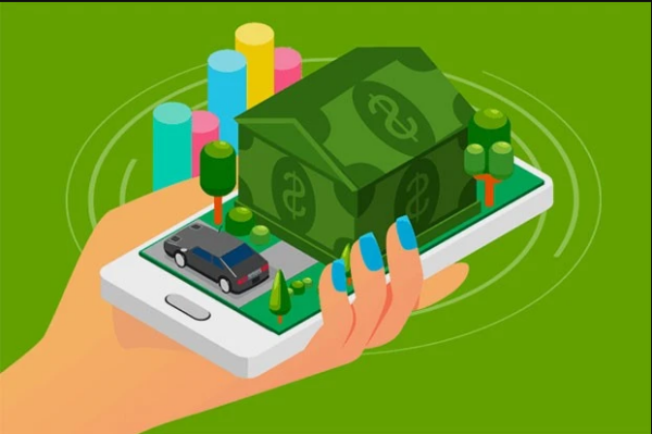 : تصویری انیمیشنی از دستی که یک گوشی تلفن همراه را نگه داشته است و روی آن گوشی خانه‌ای با طرح دلار، ماشین و تعدادی درخت قرار دارد. 