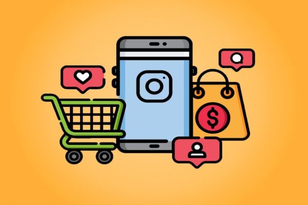 تصویری انیمیشنی از یک گوشی تلفن همراه که در اطراف آن سبد خرید، نماد لایک، دلار، پیام و غیره قرار دارد. 