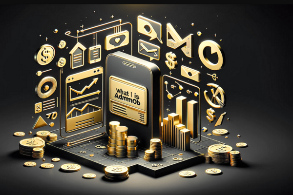 تصویری انیمیشنی از یک گوشی تلفن همراه بزرگ که روی آن به انگلیسی نوشته شده است گوگل ادموب چیست و در اطراف آن تعداد زیادی نمودار، سکه و علامت دلار است. 