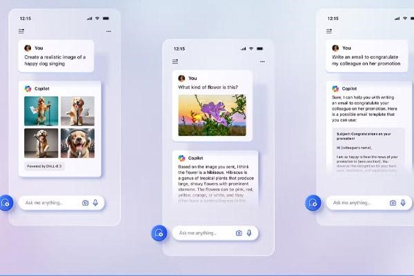 سه اسکرین شات از هوش مصنوعی کوپایلت که قابلیت‌های آن را از جمله ایجاد تصویر نشان می‌دهد