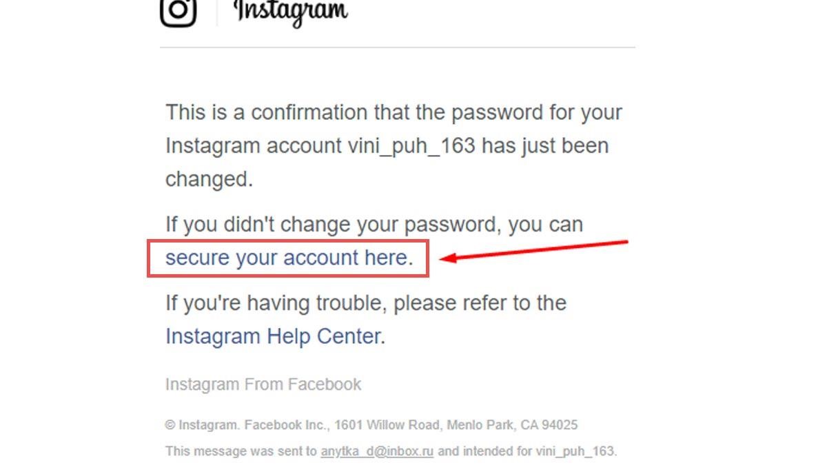 ایمیل از طرف اینستاگرام با اطلاع رسانی تغییر ایمیل حساب اینستاگرام که روی عبارت secure your account اشاره شده است