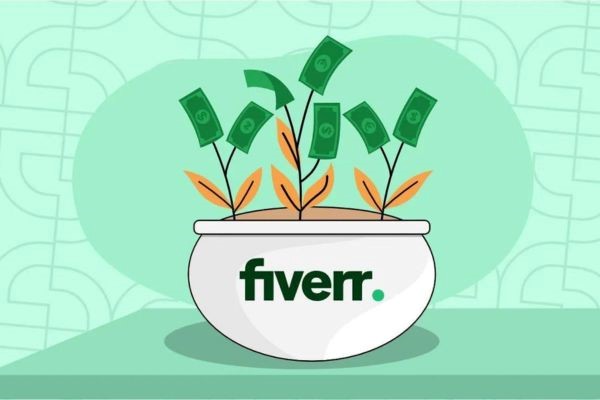 طرح گرافیکی یک گلدان با گیاهان به شکل اسکناس و لوگوی Fiverr